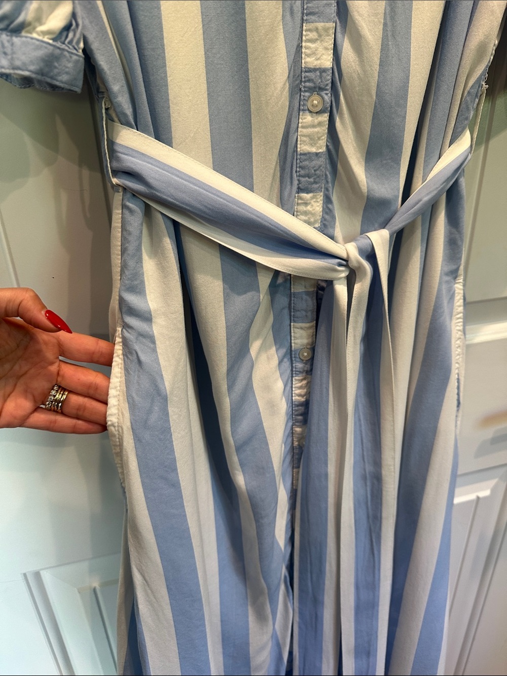 crown & ivy Light Blue and White Striped Midi Shirt Dress with Tie Waist - Picture 4 of 5